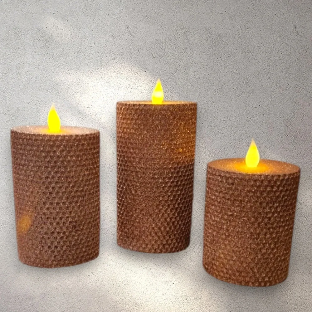 Home Reflections honeycomb flameless LED 3 candle set in champagne  with remote